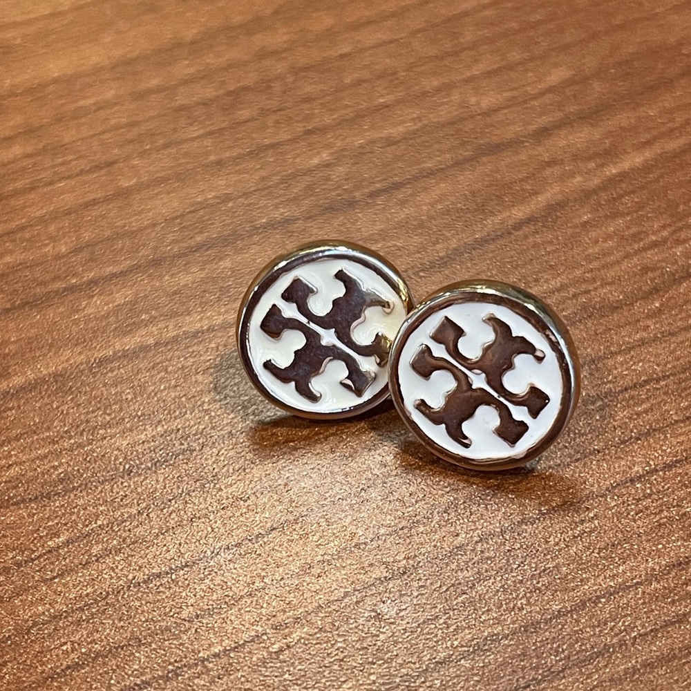 Tory Burch Gold and White Logo Earrings